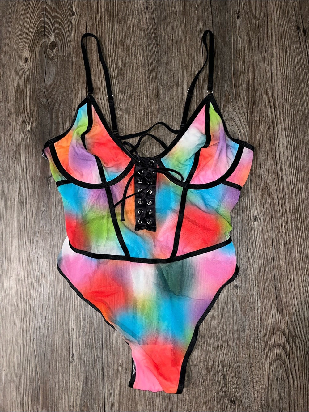 PARADE Rainbow Tie-Dye Lace-Up Chemise Bodysuit with Black Trim